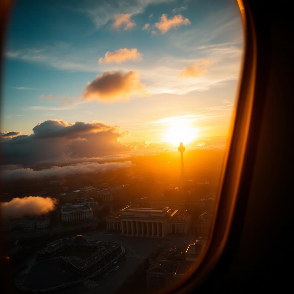 Blick aus einem Privatjet über Berlin bei Sonnenuntergang